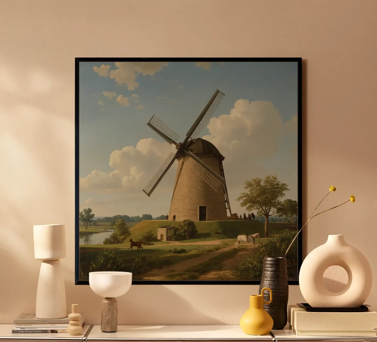 Il mulino a vento si erge alto in riva al fiume con terreni agricoli e bestiame poster con telaio in alluminio da DesignDoodle
