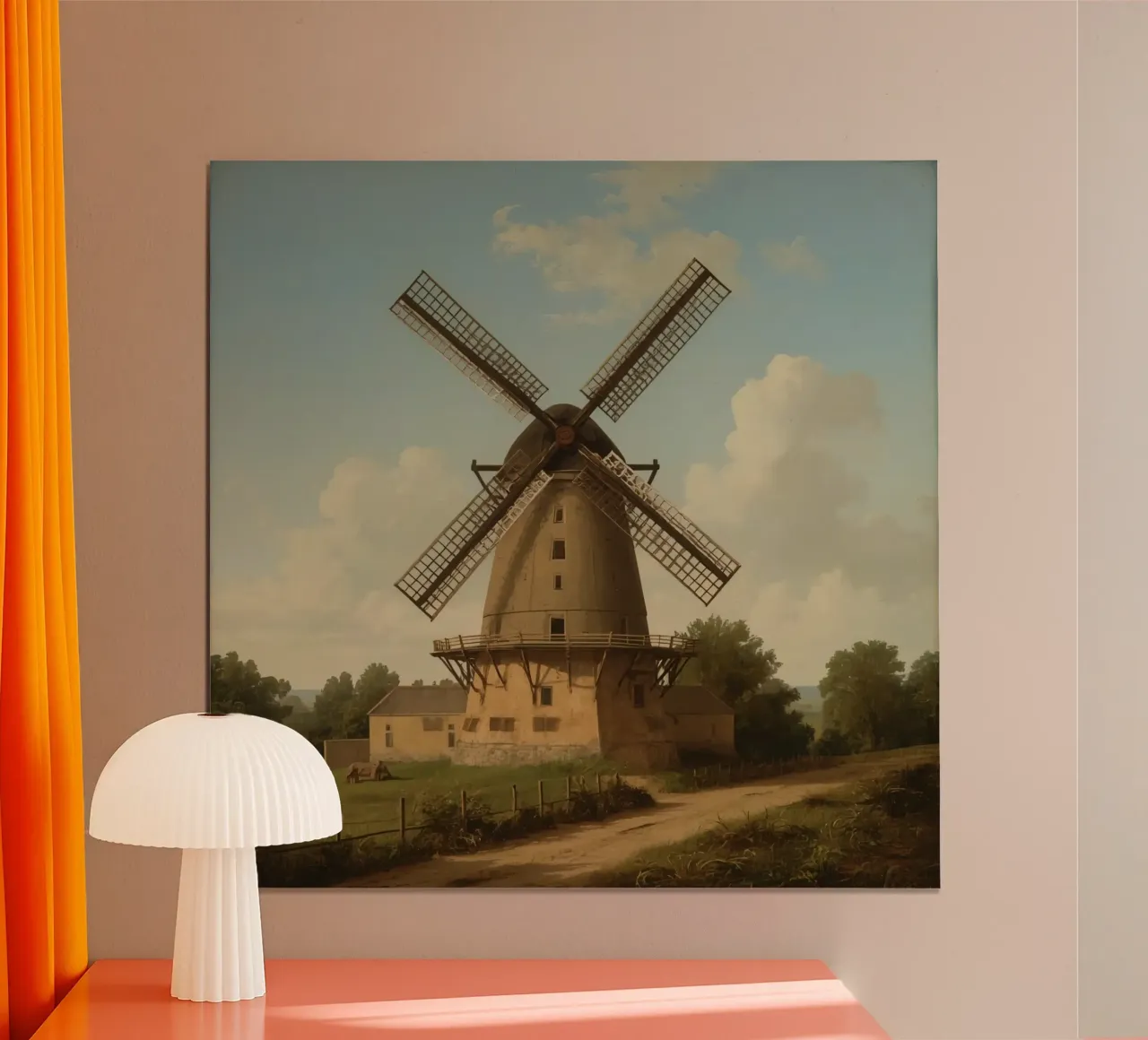 Lo storico mulino a vento si staglia contro un cielo limpido poster con telaio in legno da DesignDoodle