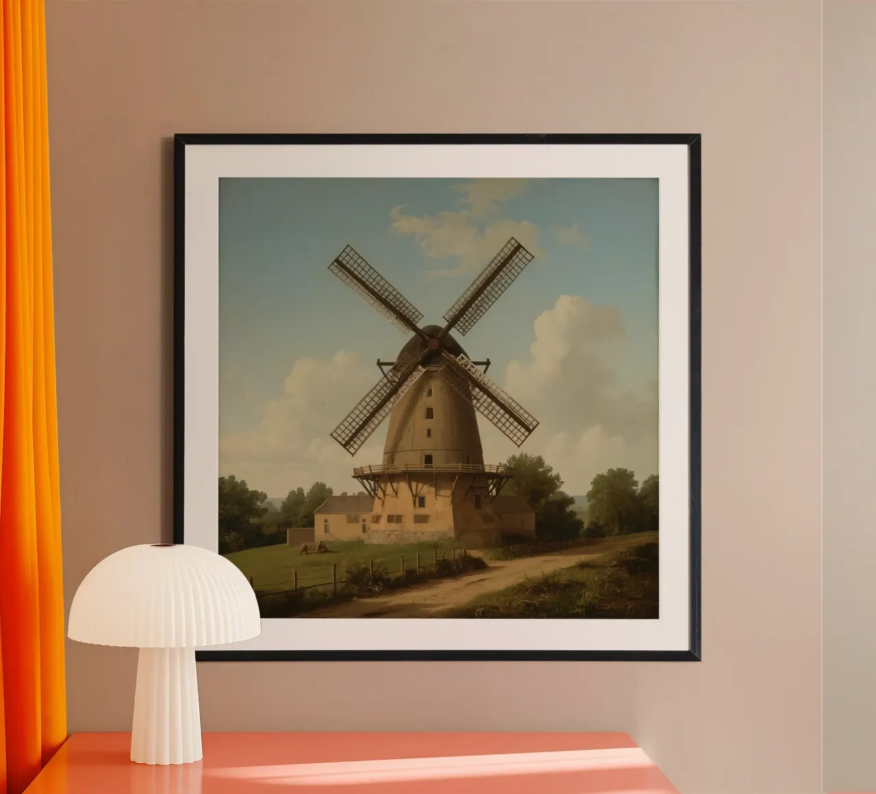 Lo storico mulino a vento si staglia contro un cielo limpido poster con telaio in legno da DesignDoodle