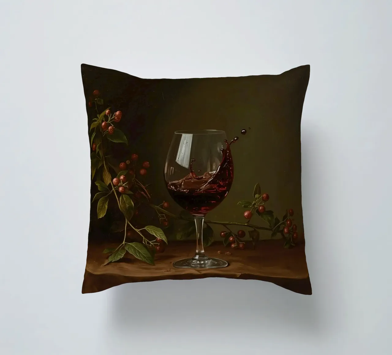 Spruzzi di vino rosso in un bicchiere circondato da bacche mature cuscino da DesignDoodle