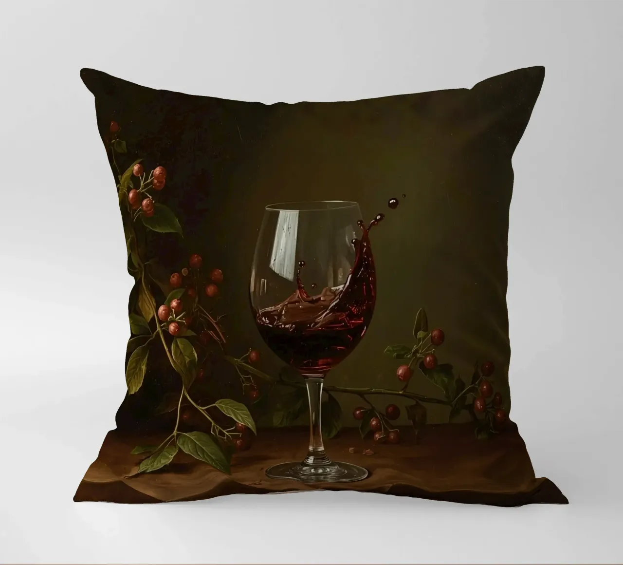 Spruzzi di vino rosso in un bicchiere circondato da bacche mature cuscino da DesignDoodle