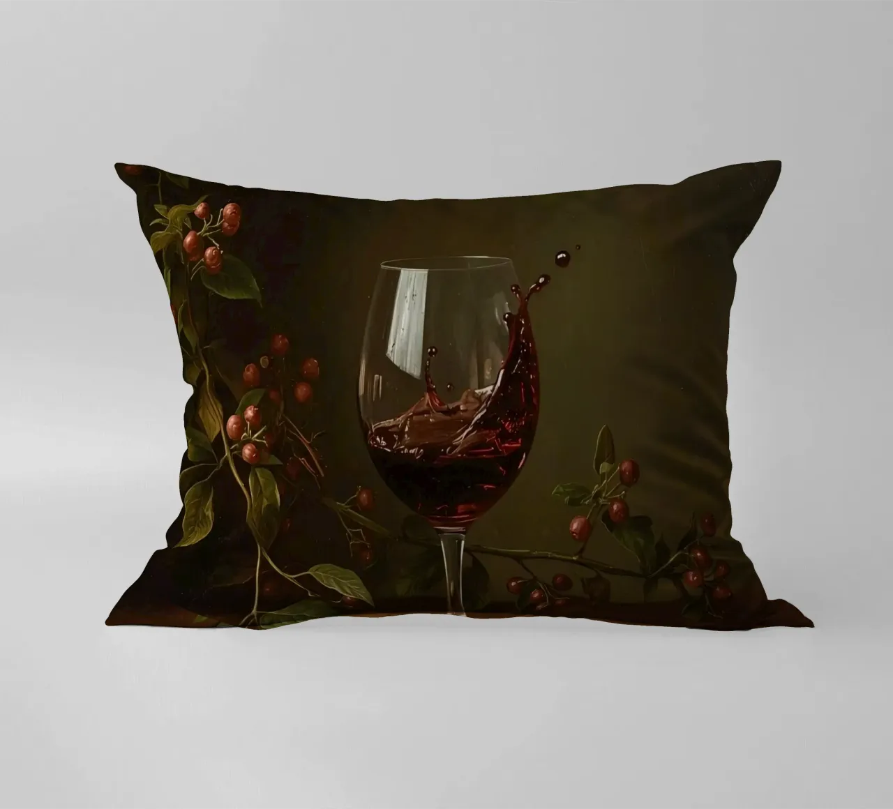 Spruzzi di vino rosso in un bicchiere circondato da bacche mature cuscino da DesignDoodle