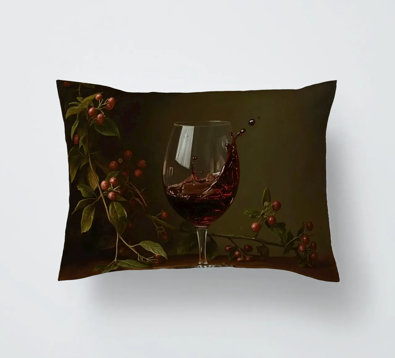 Spruzzi di vino rosso in un bicchiere circondato da bacche mature cuscino da DesignDoodle
