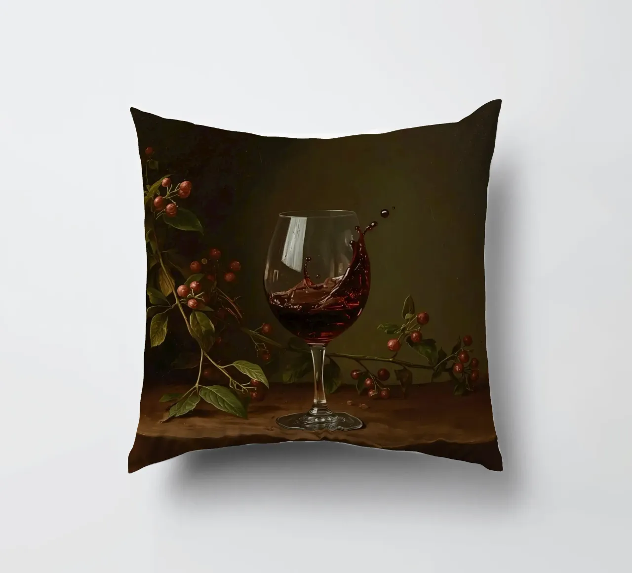 Spruzzi di vino rosso in un bicchiere circondato da bacche mature cuscino da DesignDoodle