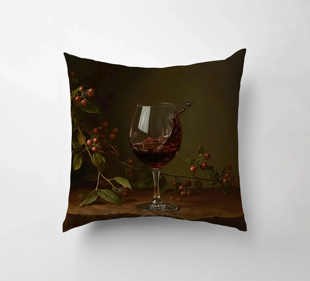 Spruzzi di vino rosso in un bicchiere circondato da bacche mature cuscino da DesignDoodle