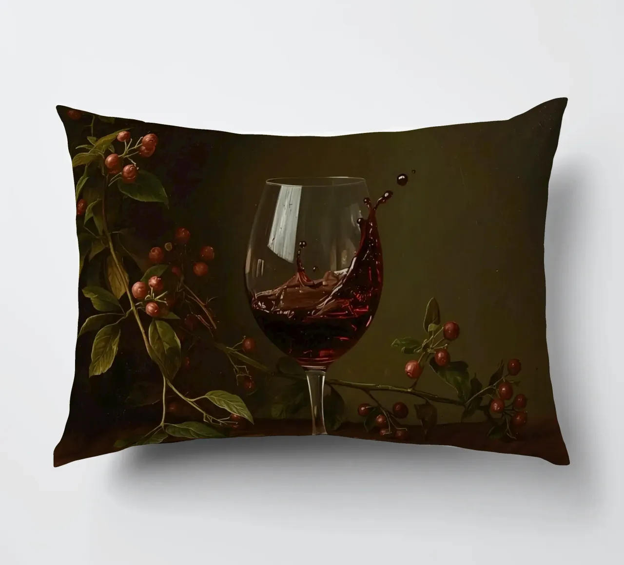 Spruzzi di vino rosso in un bicchiere circondato da bacche mature cuscino da DesignDoodle
