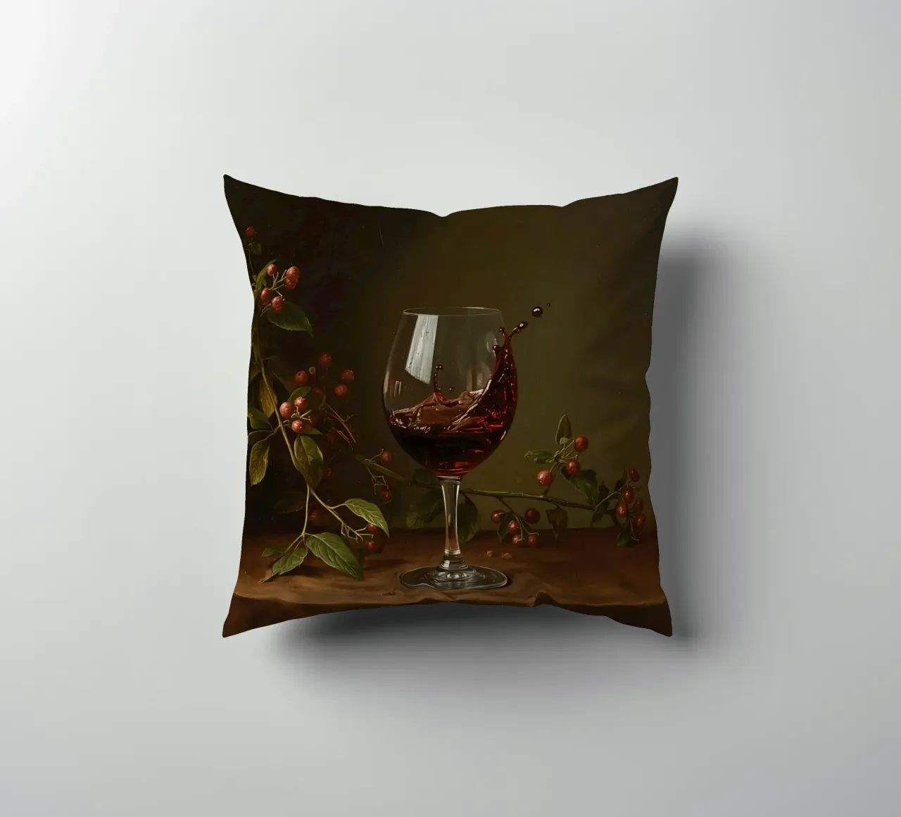 Spruzzi di vino rosso in un bicchiere circondato da bacche mature cuscino da DesignDoodle