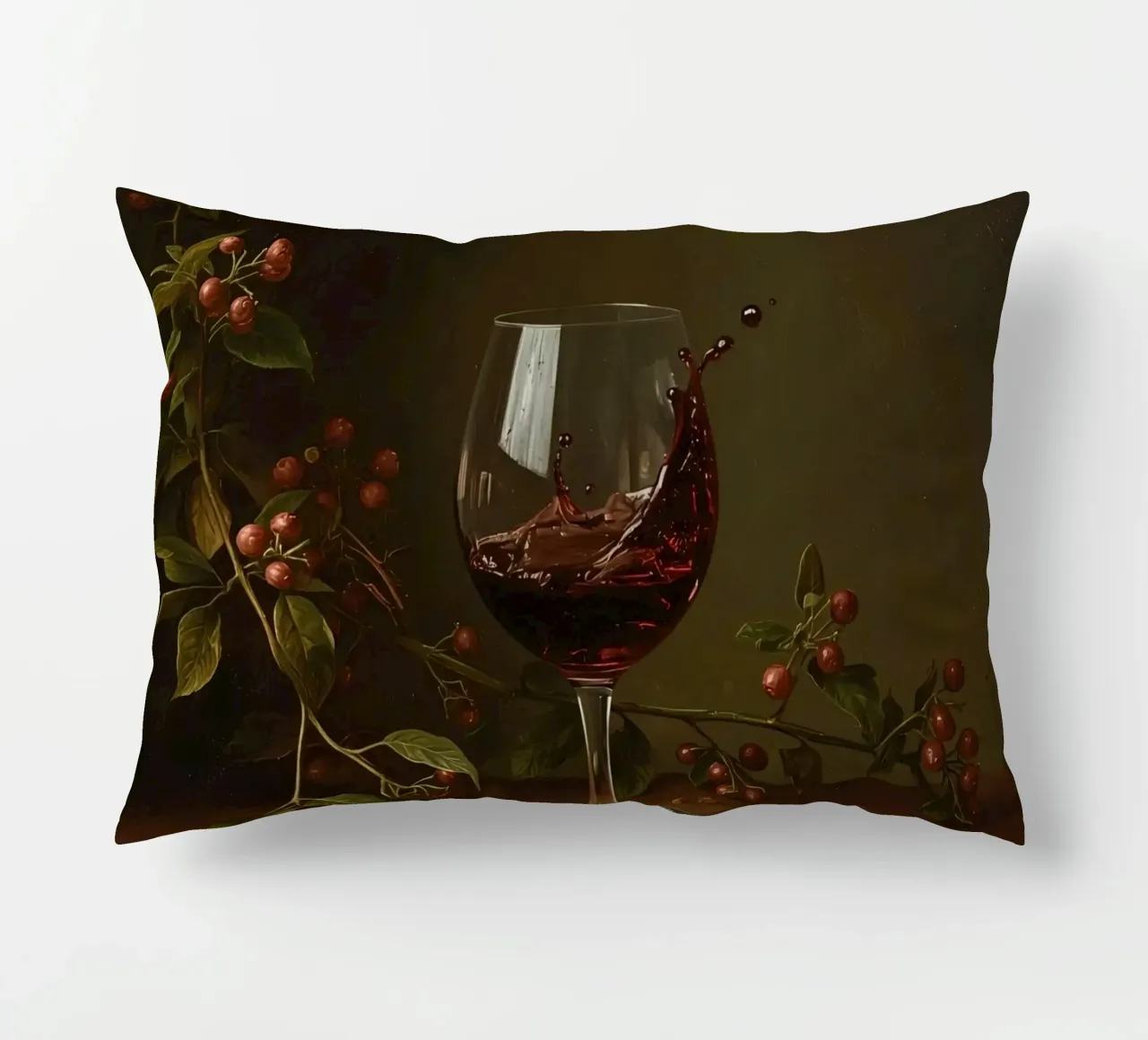 Spruzzi di vino rosso in un bicchiere circondato da bacche mature cuscino da DesignDoodle