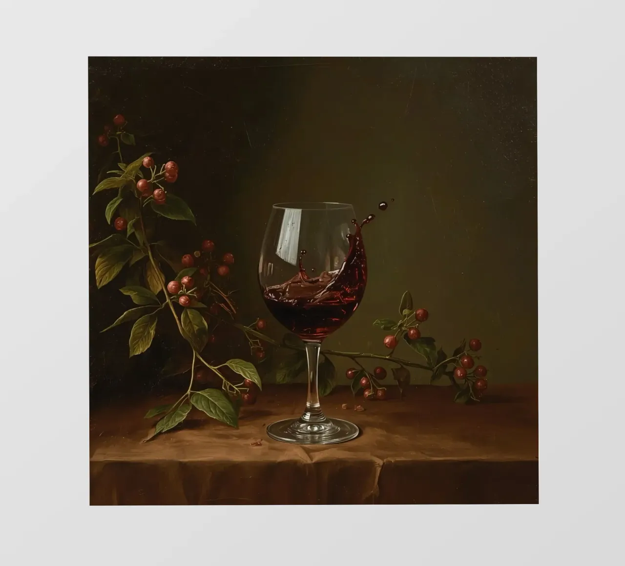Spruzzi di vino rosso in un bicchiere circondato da bacche mature telo in pvc da DesignDoodle