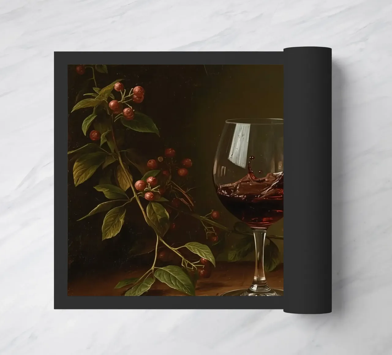 Spruzzi di vino rosso in un bicchiere circondato da bacche mature zerbino da DesignDoodle