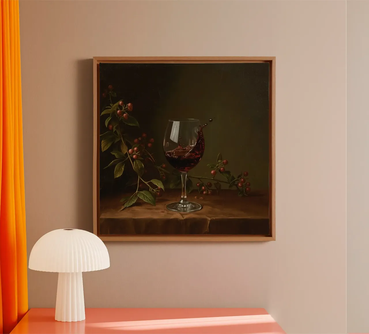 Red wine splashes in a glass surrounded by ripe berries canvas with Floater frame by DesignDoodle