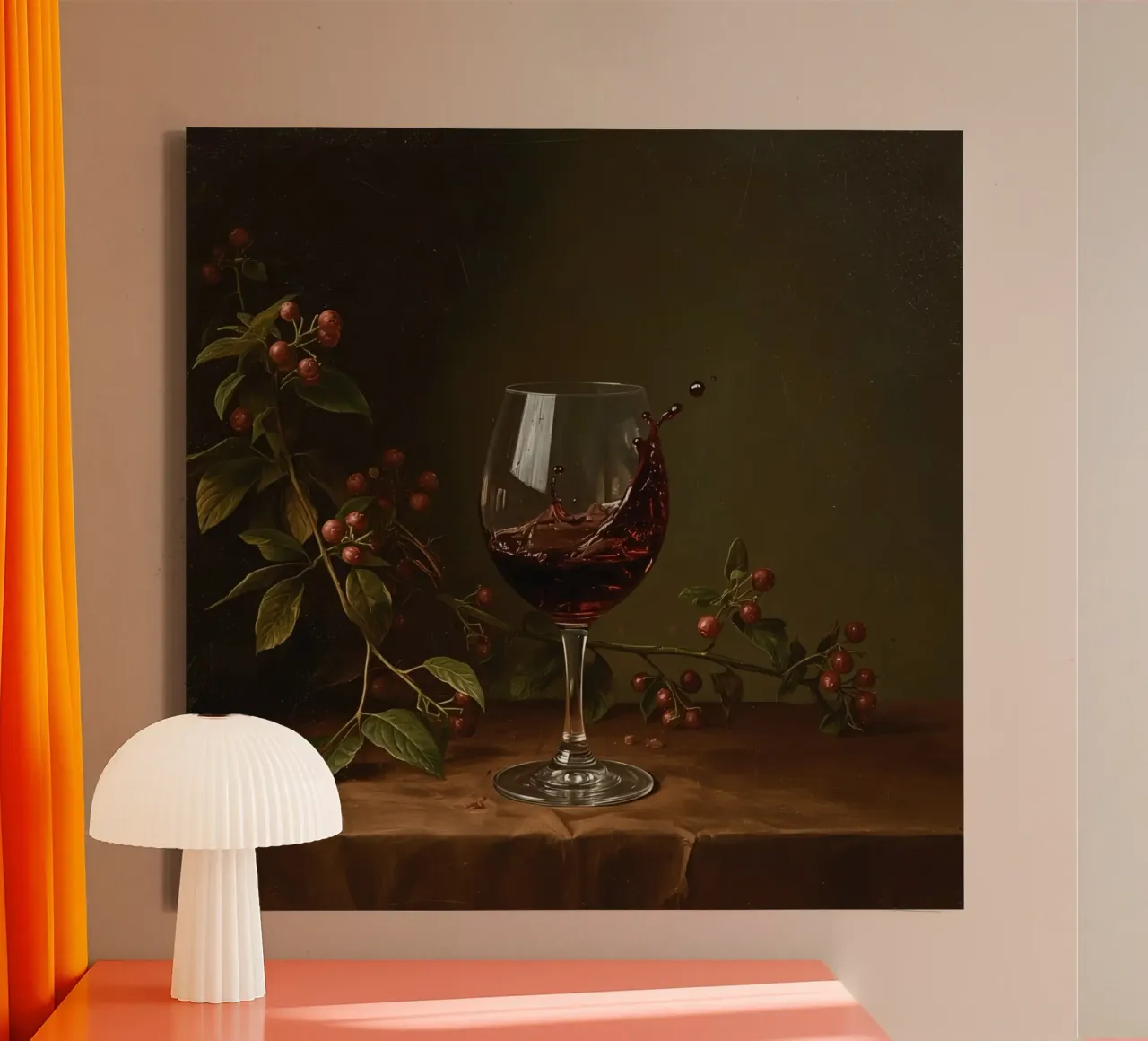Red wine splashes in a glass surrounded by ripe berries canvas with Floater frame by DesignDoodle
