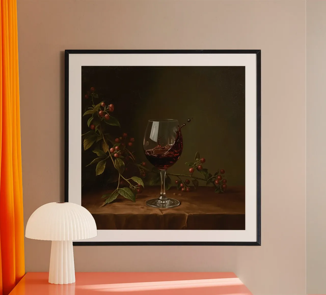 Rotwein plätschert in einem Glas, umgeben von reifen Beeren Poster von DesignDoodle