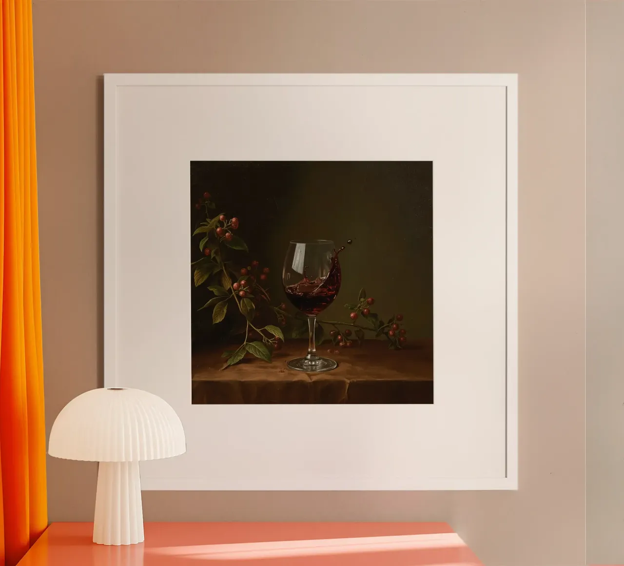Rotwein plätschert in einem Glas, umgeben von reifen Beeren Poster von DesignDoodle