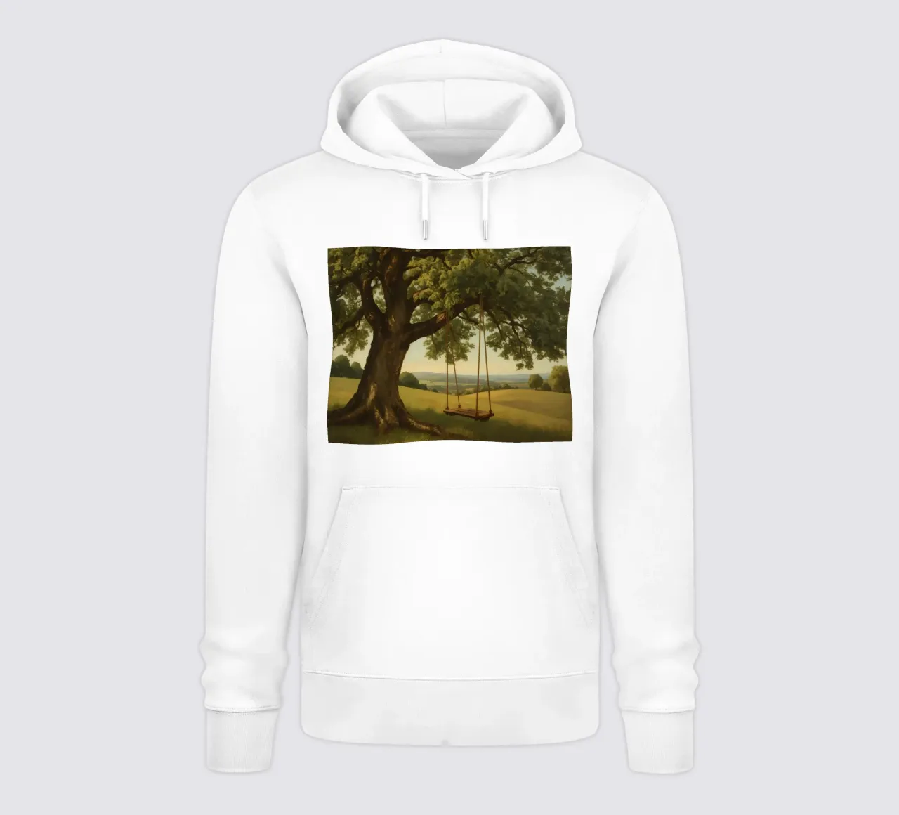 Swing hanging from a large tree overlooking rolling hills hoodie by DesignDoodle