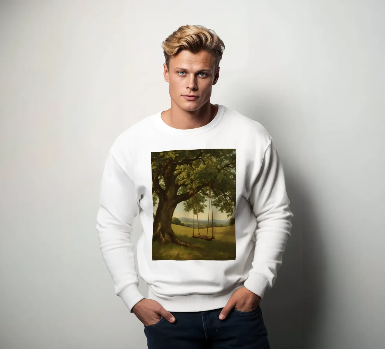 Swing hanging from a large tree overlooking rolling hills sweatshirt by DesignDoodle