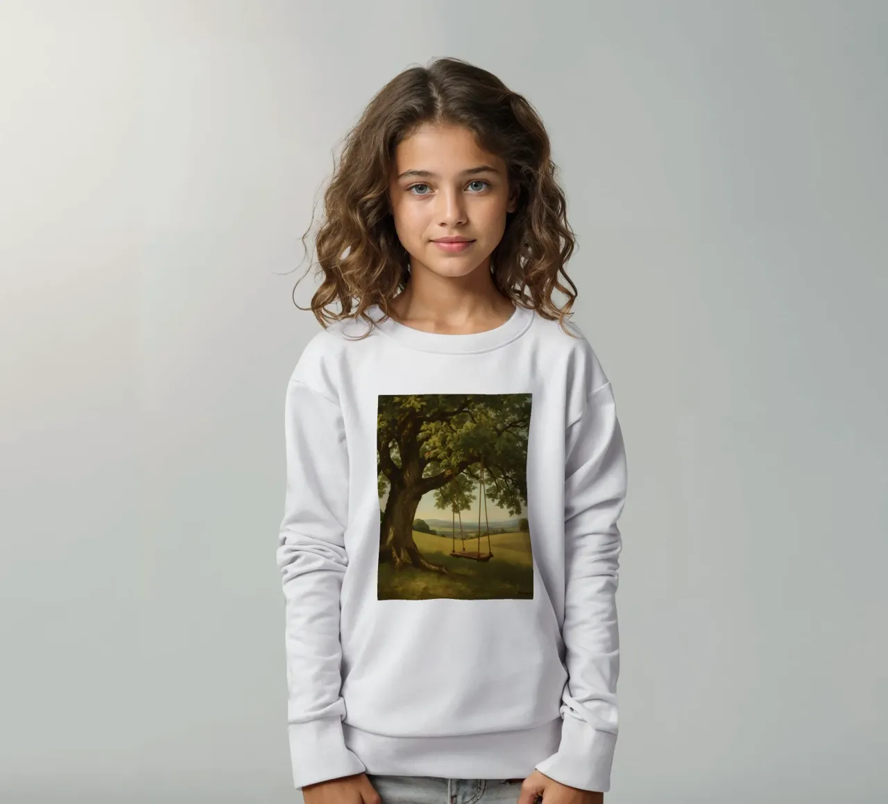 Altalena appesa a un grande albero con vista sulle colline felpa bambino da DesignDoodle