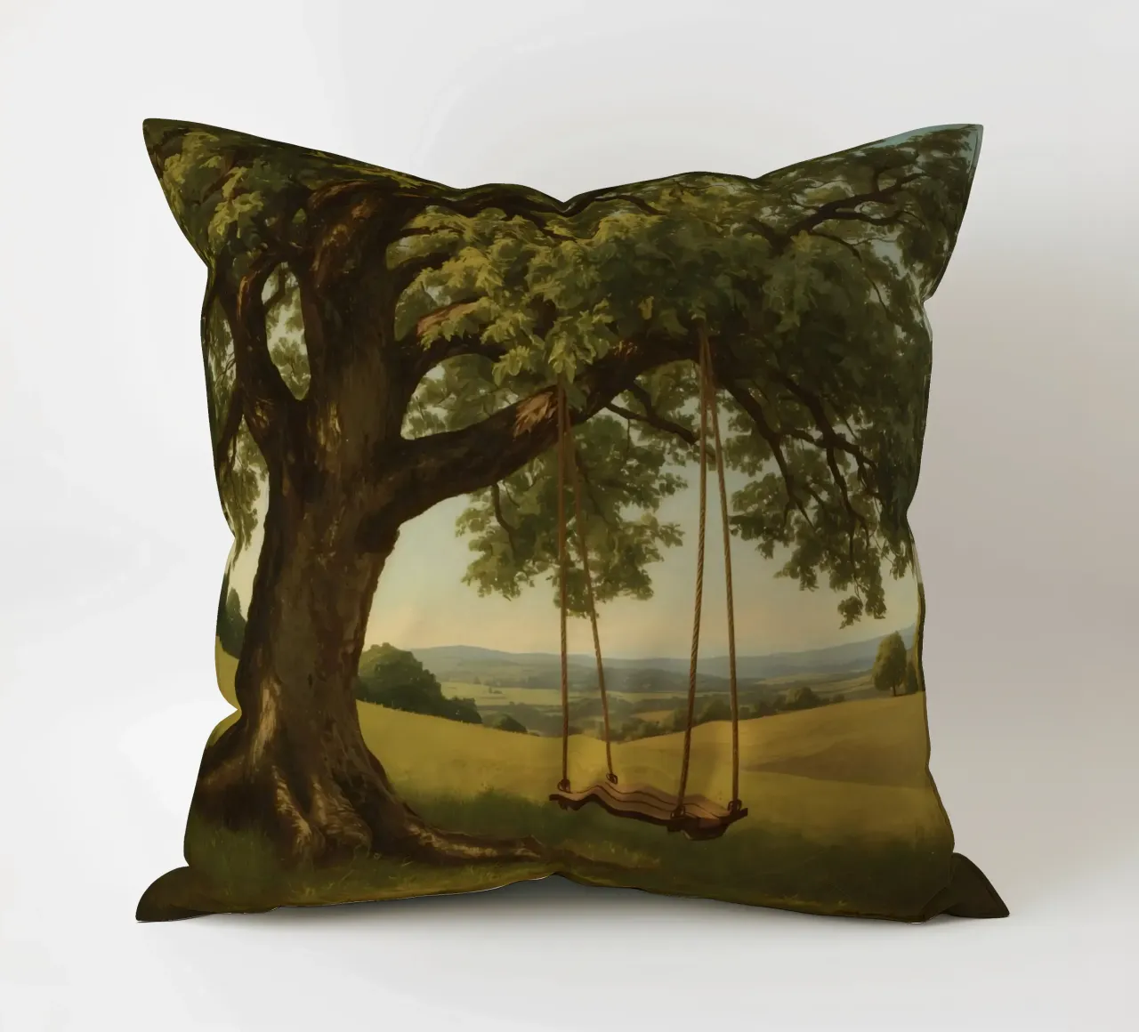 Swing hanging from a large tree overlooking rolling hills decorative cushion by DesignDoodle