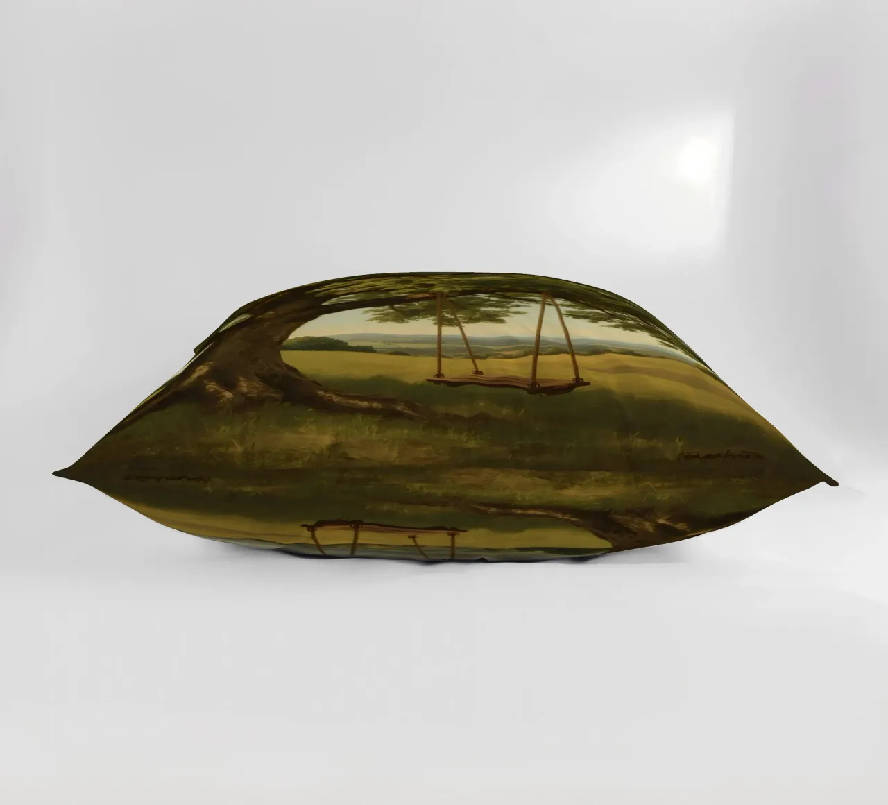 Swing hanging from a large tree overlooking rolling hills decorative cushion by DesignDoodle