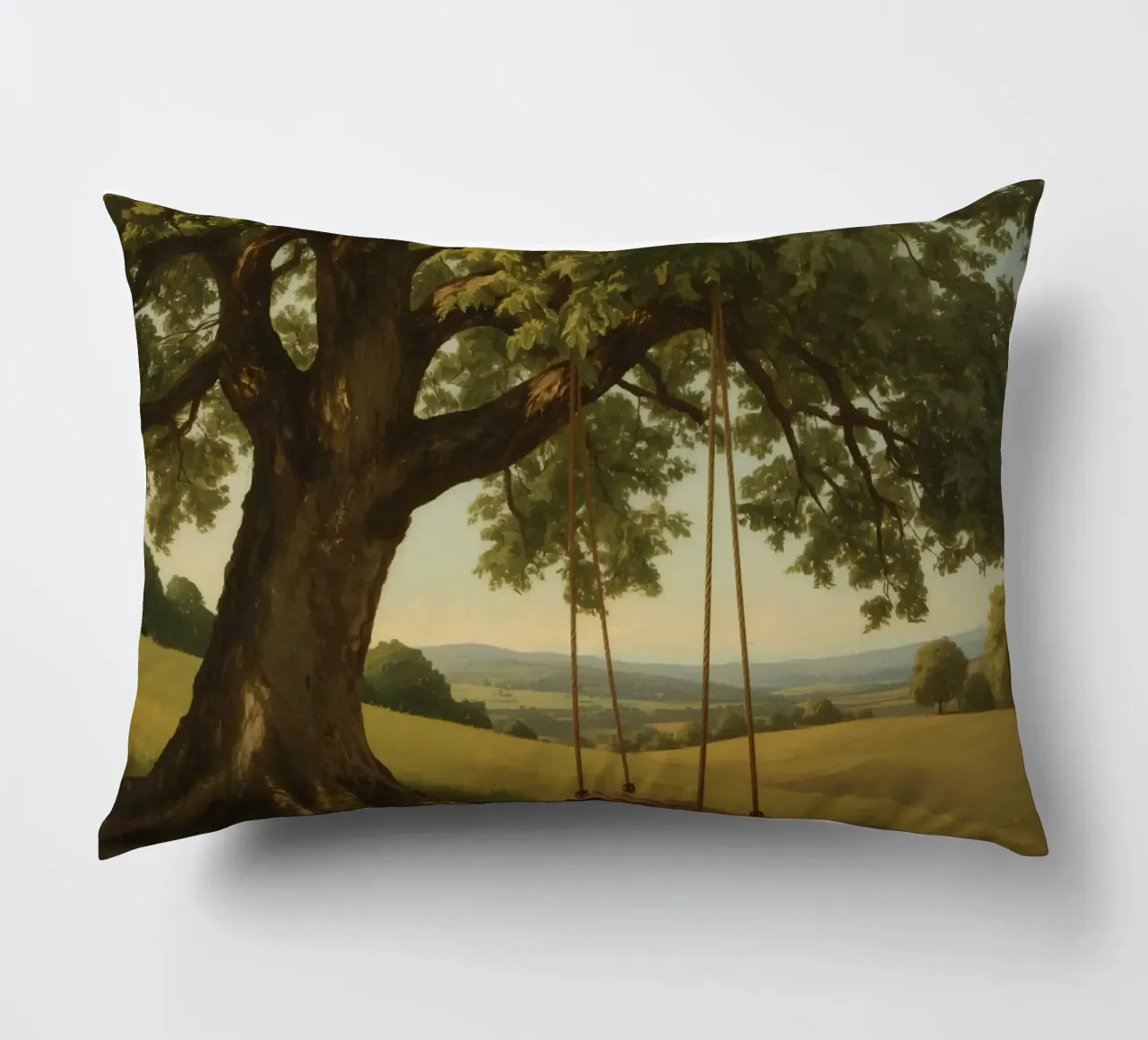 Swing hanging from a large tree overlooking rolling hills decorative cushion by DesignDoodle