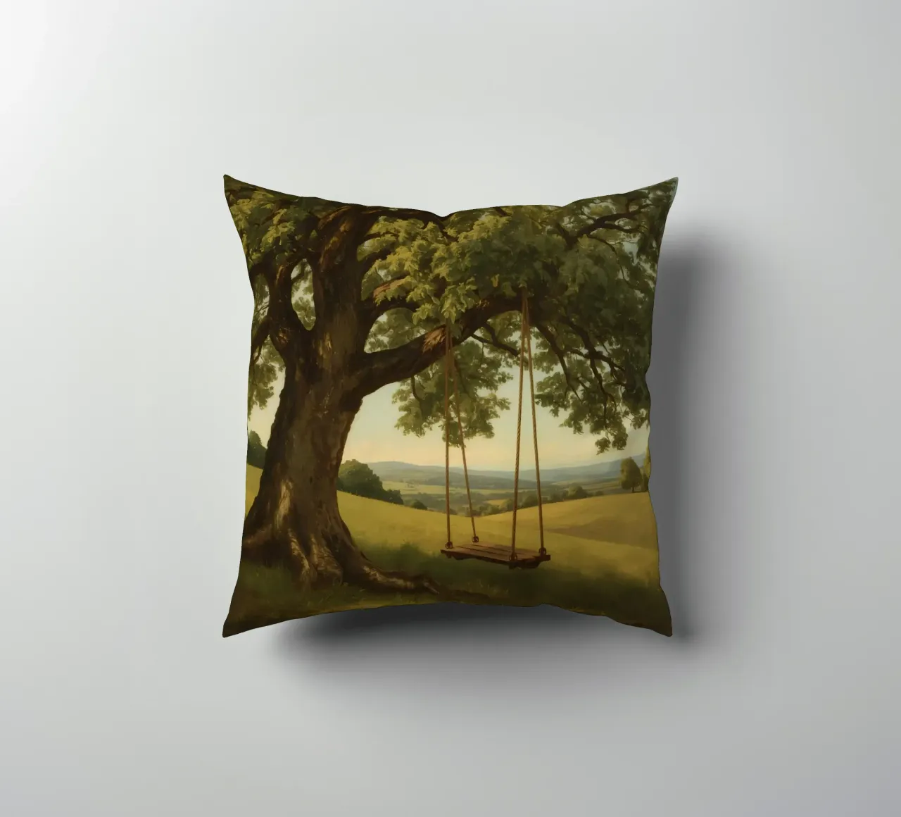 Swing hanging from a large tree overlooking rolling hills decorative cushion by DesignDoodle