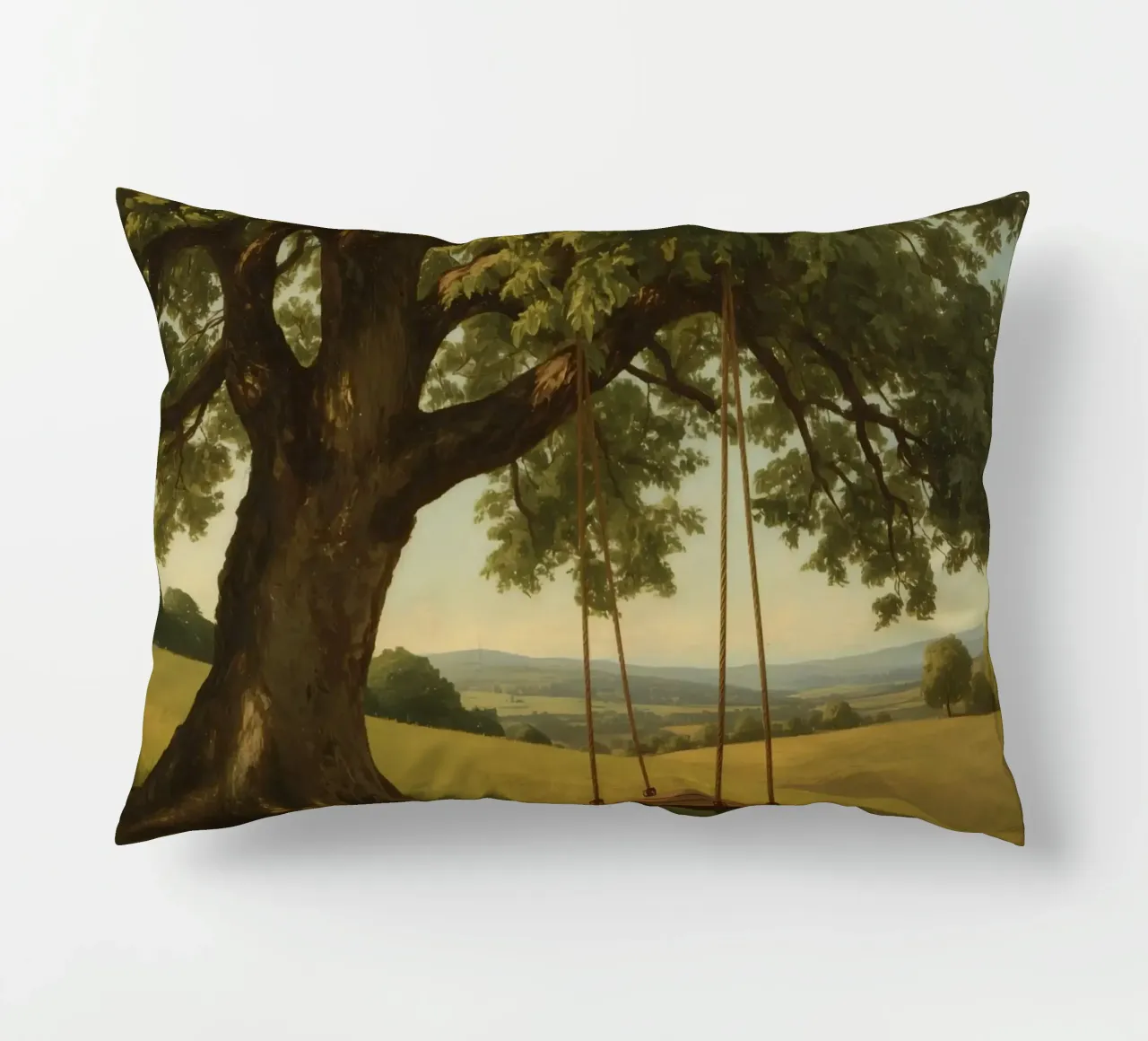 Swing hanging from a large tree overlooking rolling hills decorative cushion by DesignDoodle