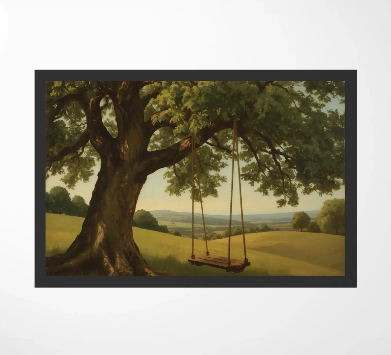 Swing hanging from a large tree overlooking rolling hills doormat by DesignDoodle