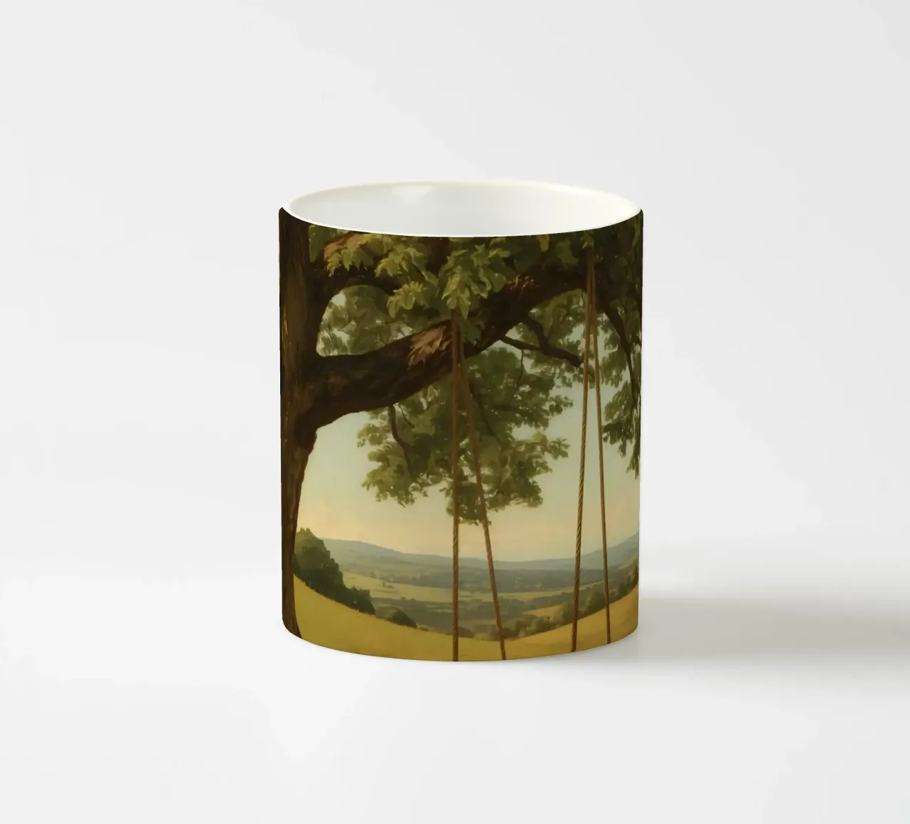 Swing hanging from a large tree overlooking rolling hills ceramic mug by DesignDoodle