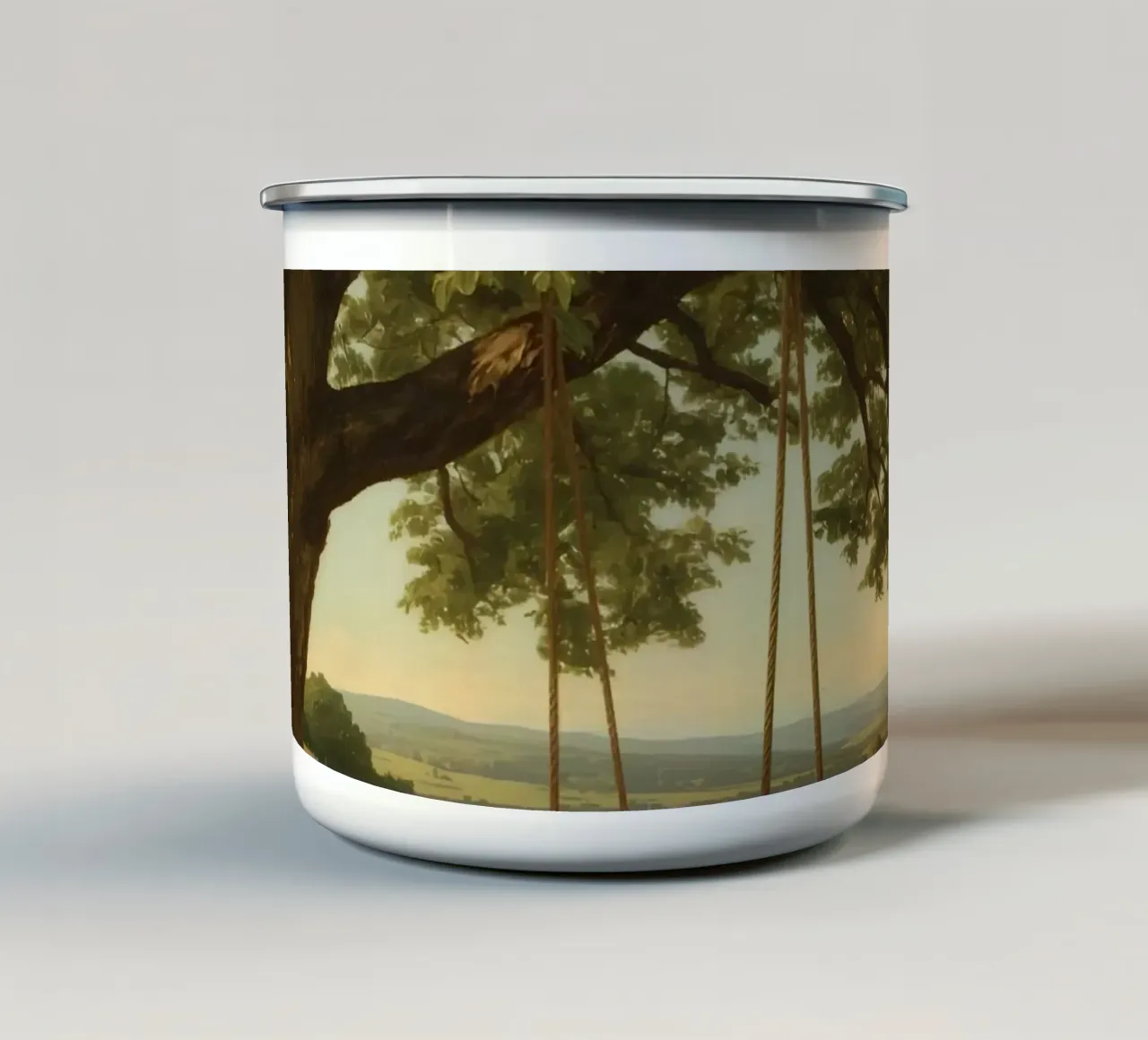 Swing hanging from a large tree overlooking rolling hills enamel mug by DesignDoodle
