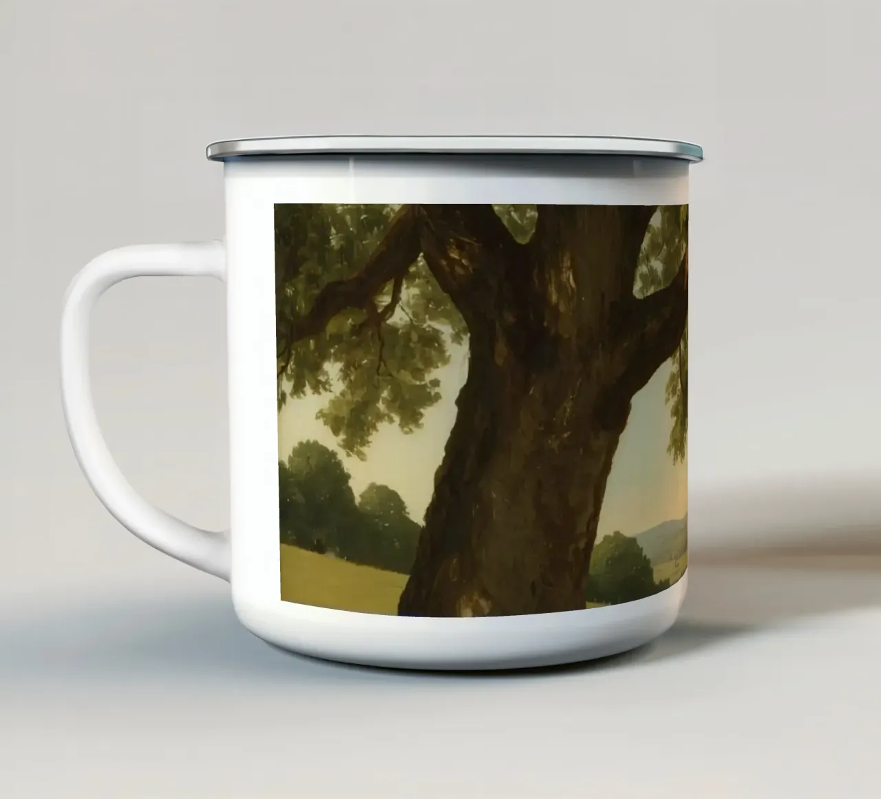 Swing hanging from a large tree overlooking rolling hills enamel mug by DesignDoodle