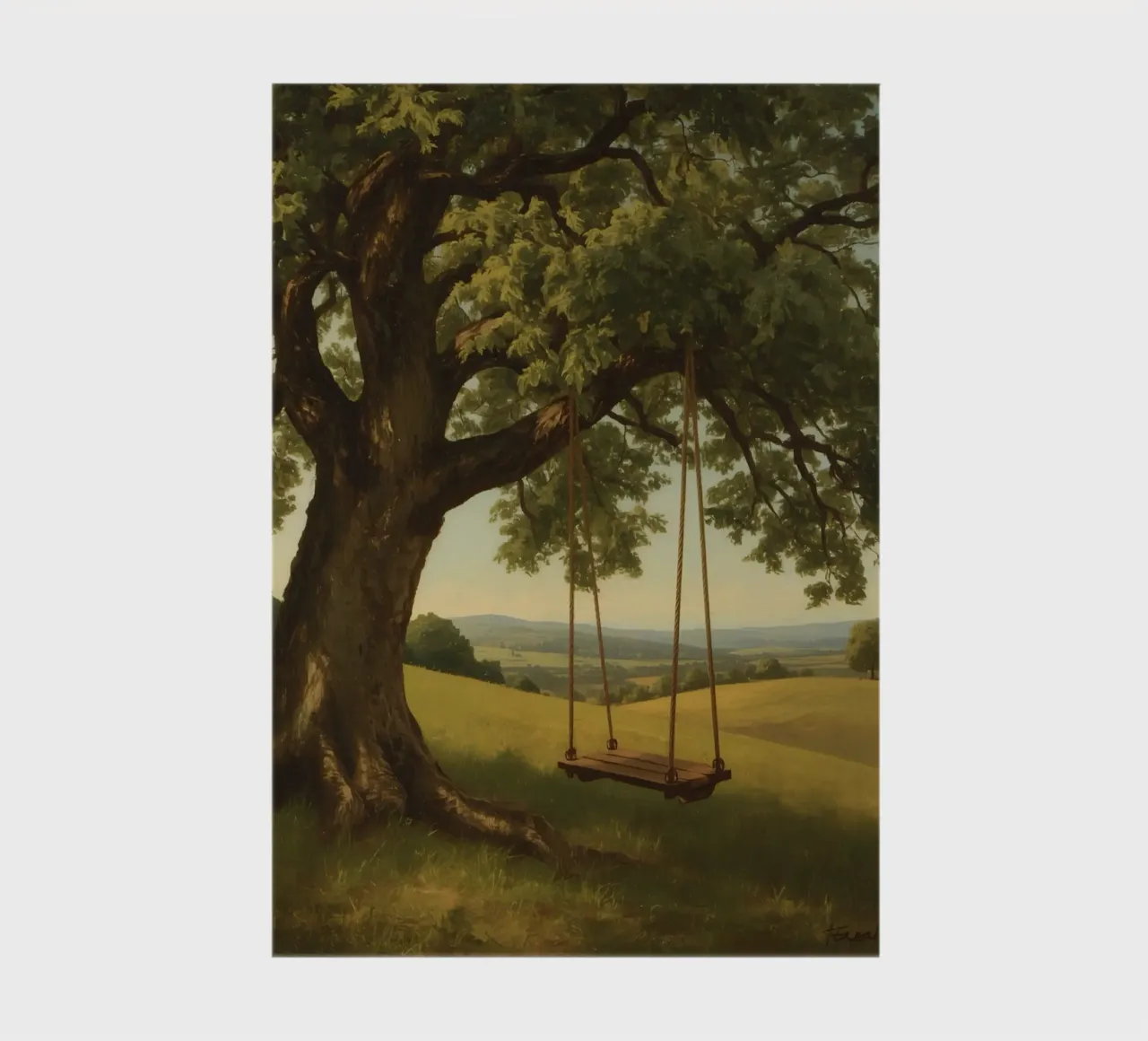 Swing hanging from a large tree overlooking rolling hills notebook by DesignDoodle