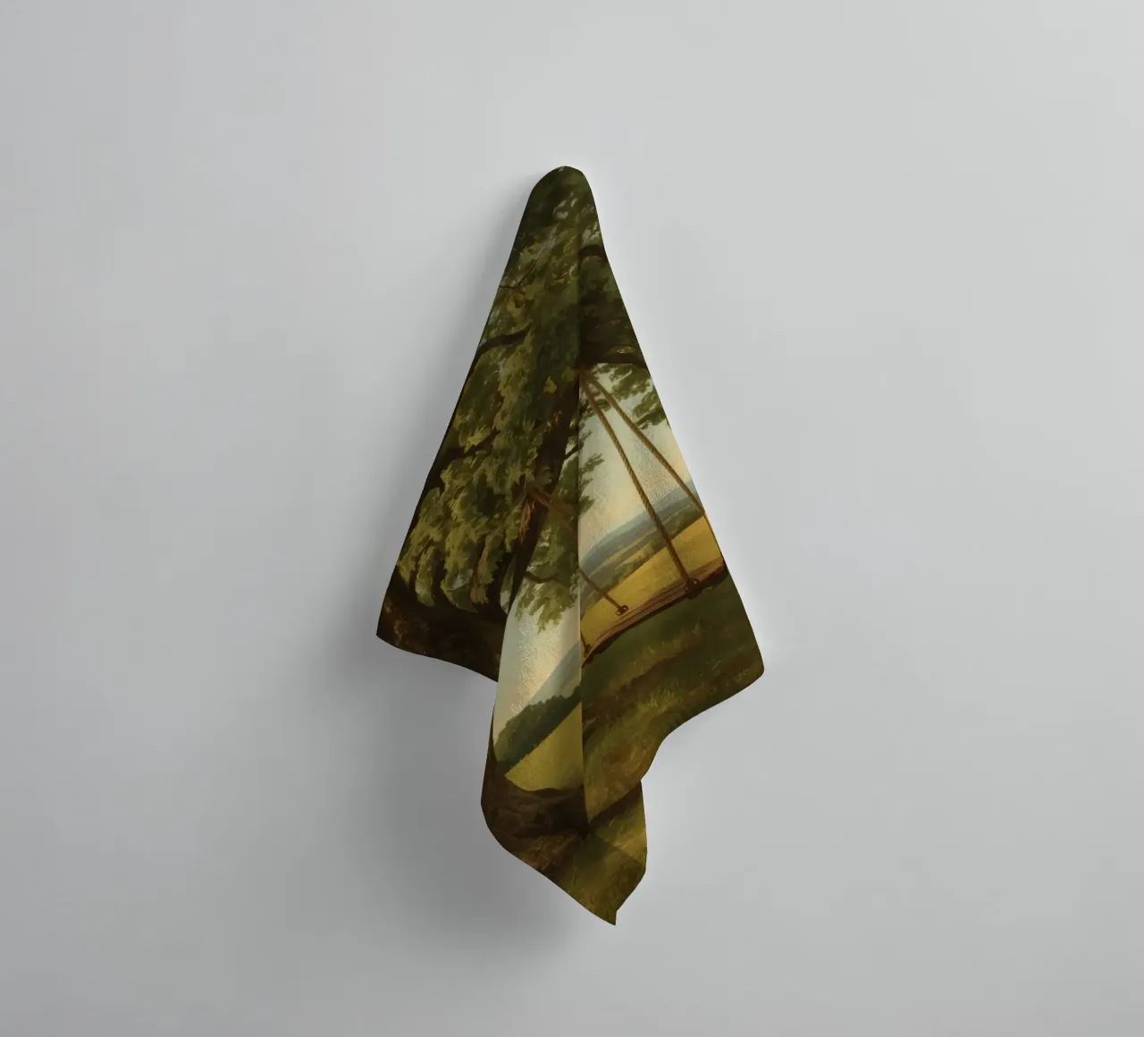 Swing hanging from a large tree overlooking rolling hills towel by DesignDoodle