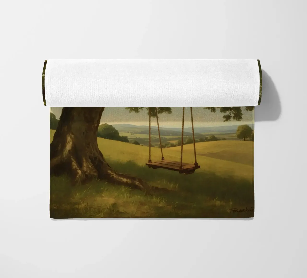 Swing hanging from a large tree overlooking rolling hills beach towel by DesignDoodle