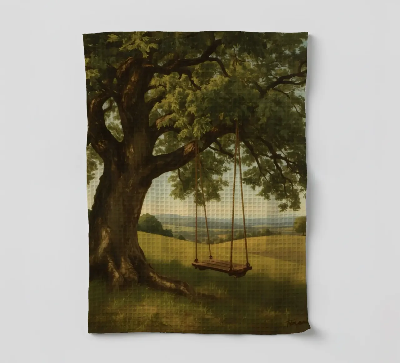 Swing hanging from a large tree overlooking rolling hills tea towel by DesignDoodle