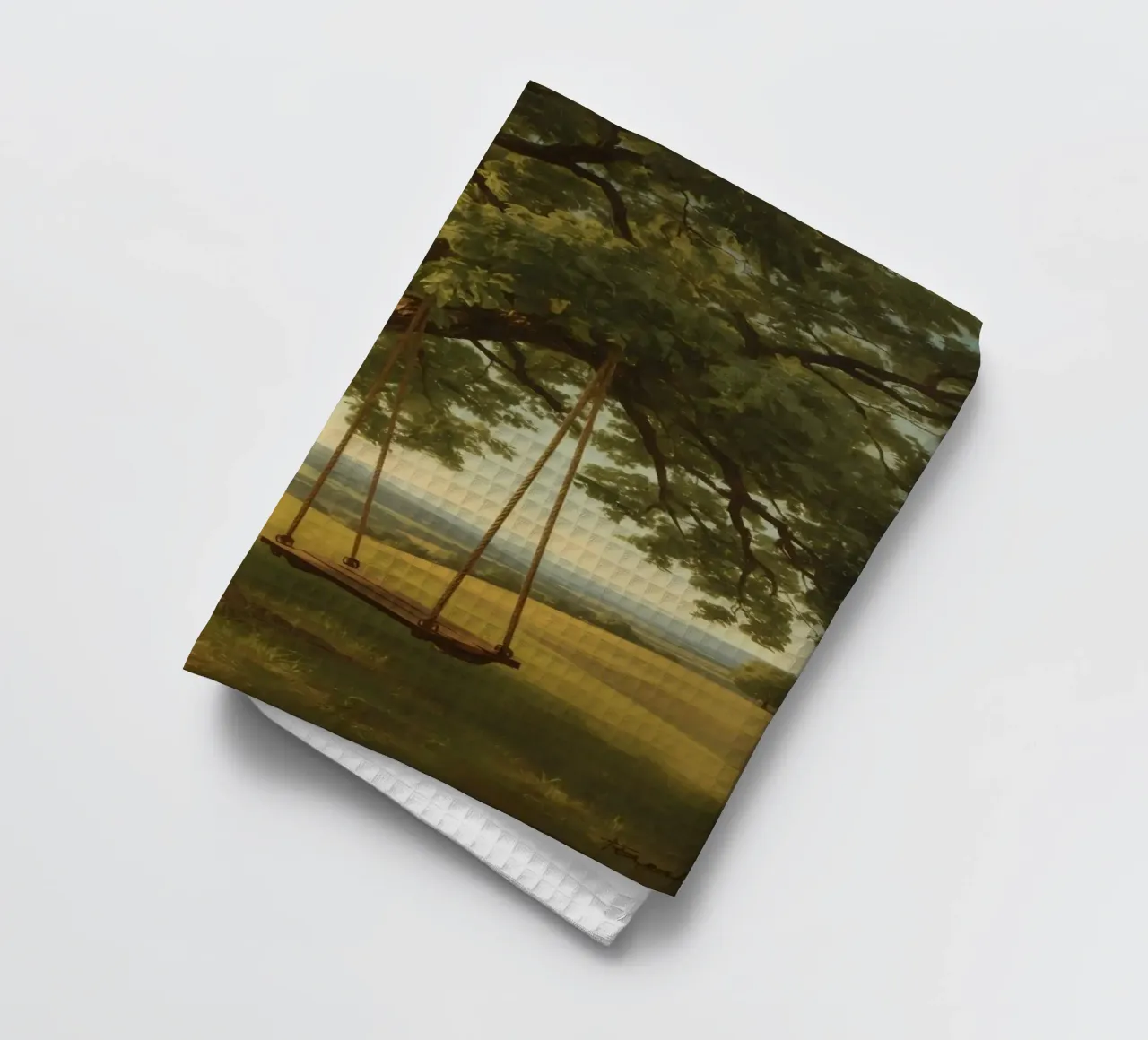 Swing hanging from a large tree overlooking rolling hills tea towel by DesignDoodle