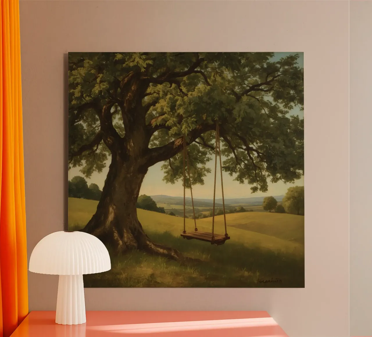 Swing hanging from a large tree overlooking rolling hills alu-dibond by DesignDoodle