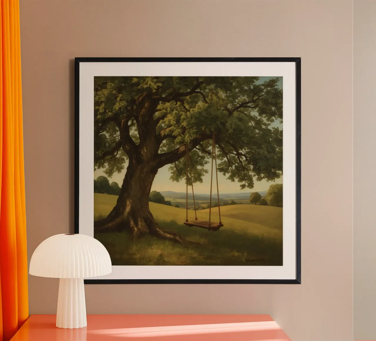 Swing hanging from a large tree overlooking rolling hills hahnemühle by DesignDoodle