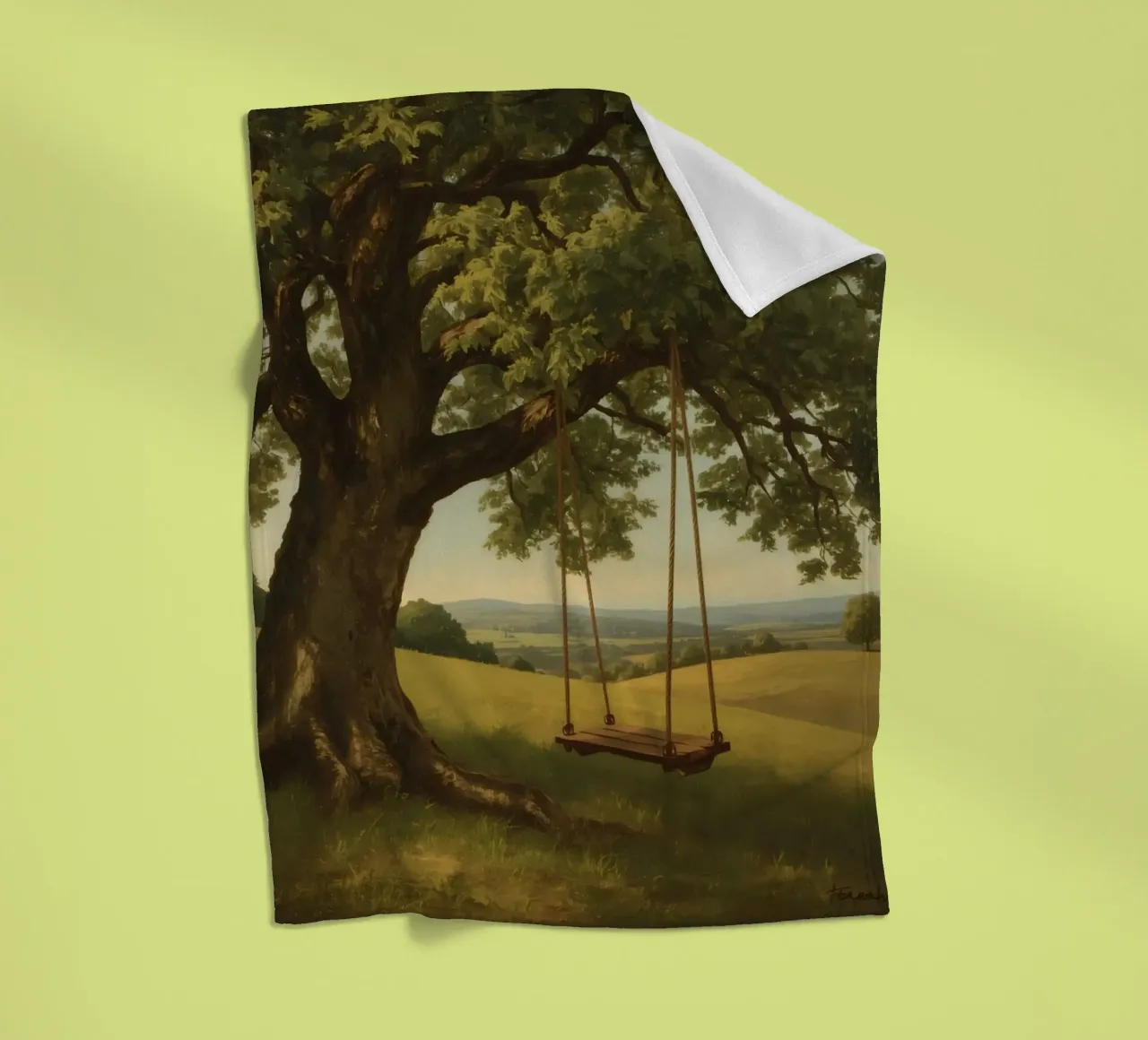 Swing hanging from a large tree overlooking rolling hills fleece blanket by DesignDoodle