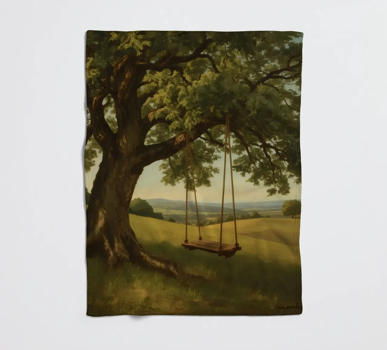 Swing hanging from a large tree overlooking rolling hills fleece blanket by DesignDoodle