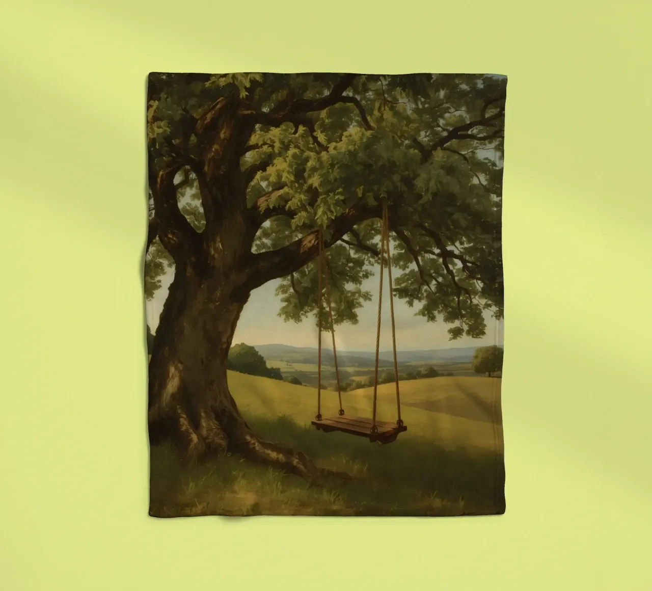 Swing hanging from a large tree overlooking rolling hills fleece blanket by DesignDoodle