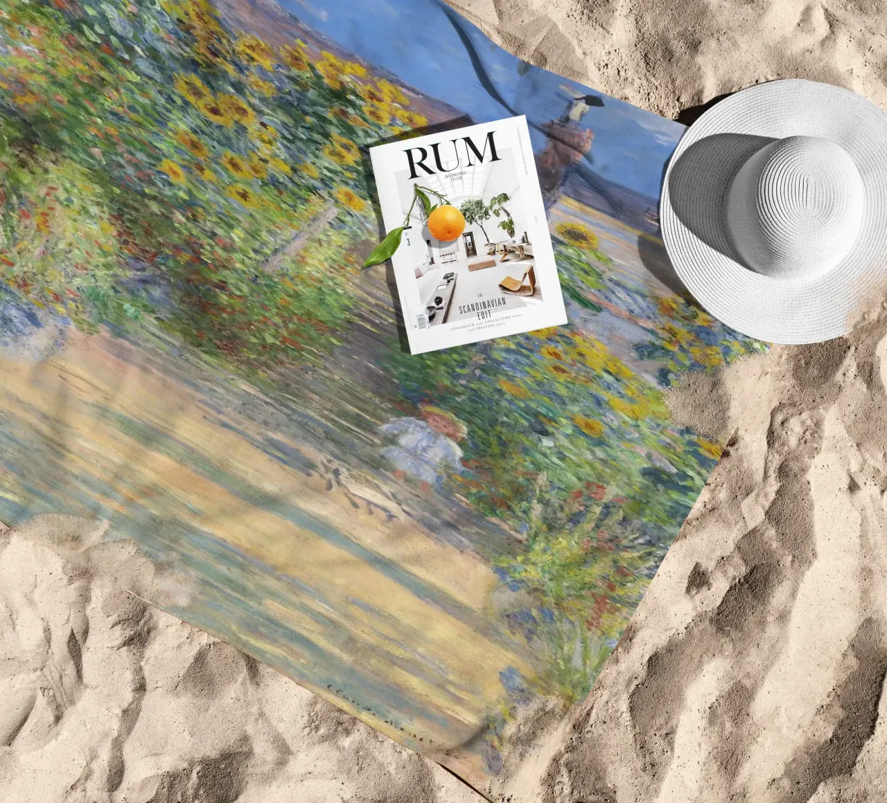 The Artist's Garden at Vétheuil (1881) by Claude Monet beach towel by Monet Art Prints