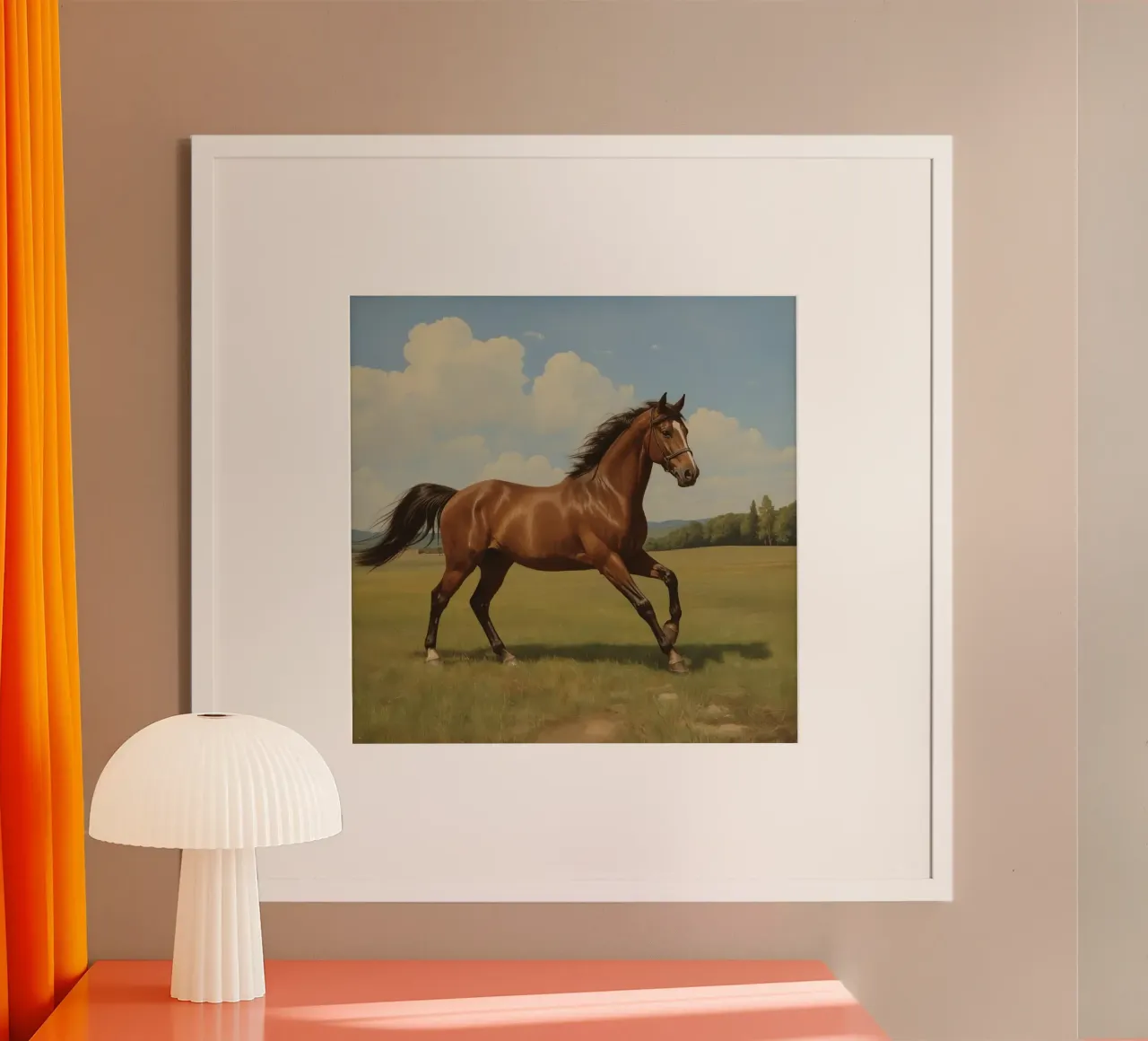 Un maestoso cavallo marrone galoppa con grazia su un campo verde poster da DesignDoodle