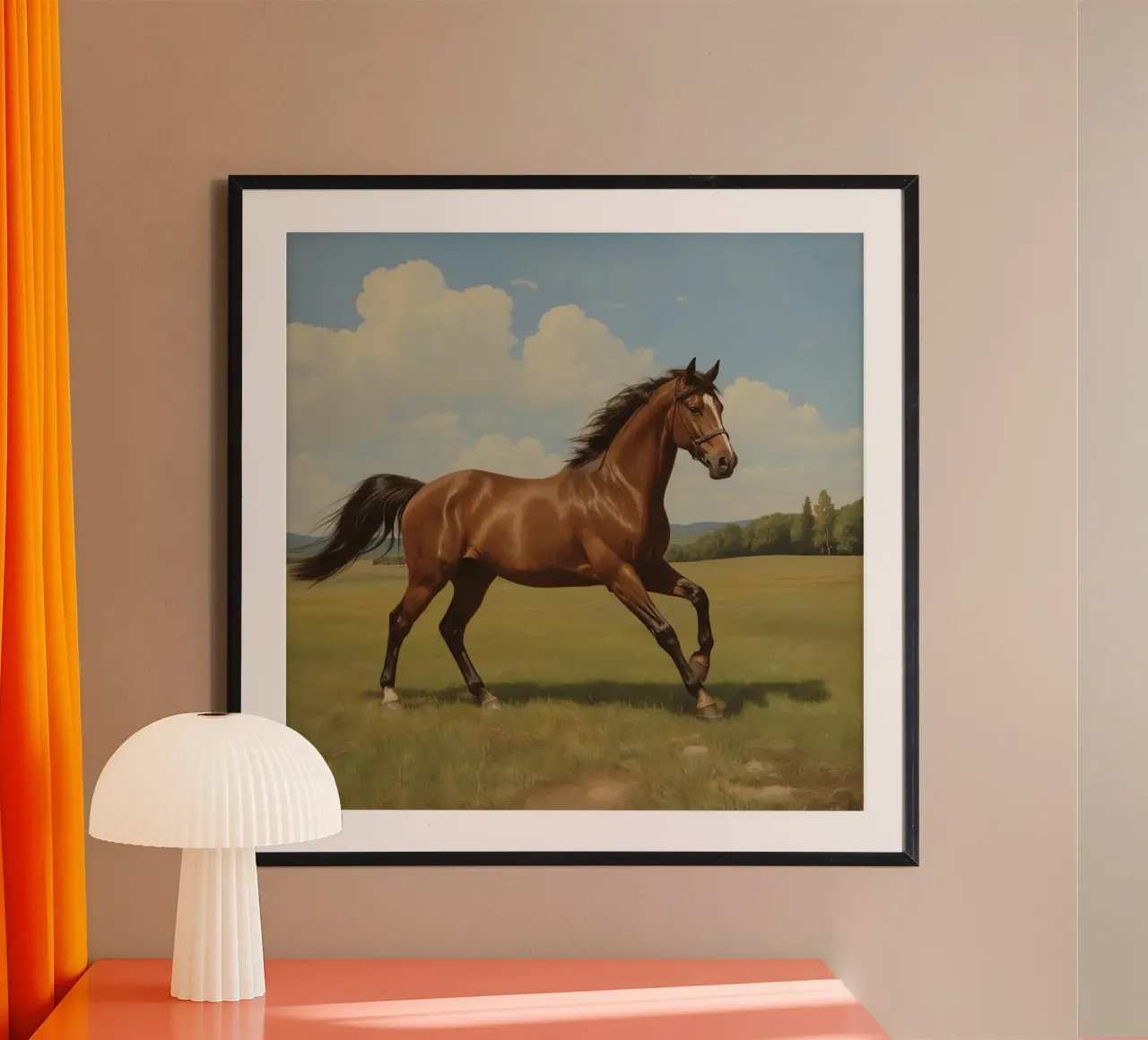 Un maestoso cavallo marrone galoppa con grazia su un campo verde poster da DesignDoodle