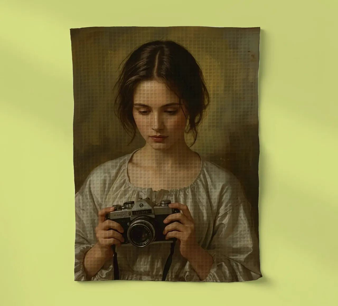 Femme classique tenant un appareil photo vintage dans une lumière douce et chaude torchon de DesignDoodle