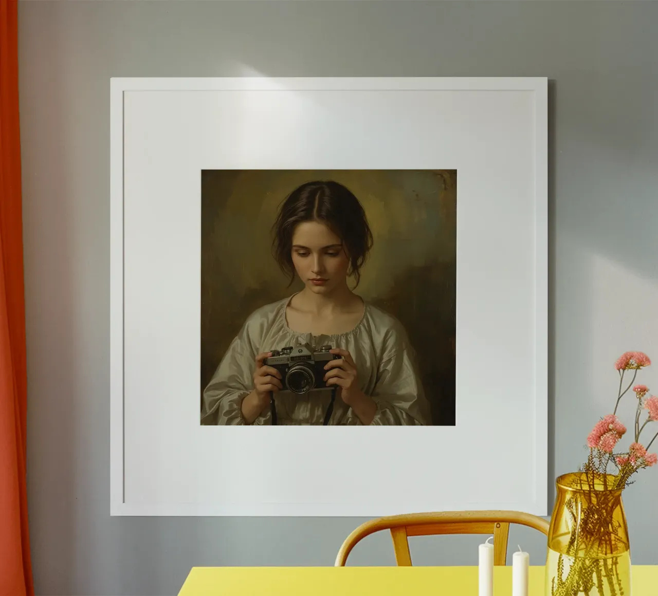 Femme classique tenant un appareil photo vintage dans une lumière douce et chaude poster avec cadre en plastique de DesignDoodle