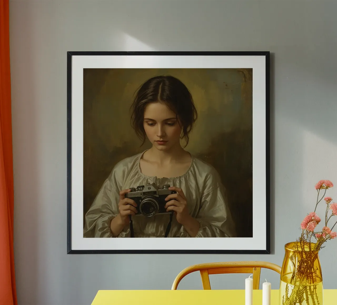 Femme classique tenant un appareil photo vintage dans une lumière douce et chaude poster avec cadre en plastique de DesignDoodle