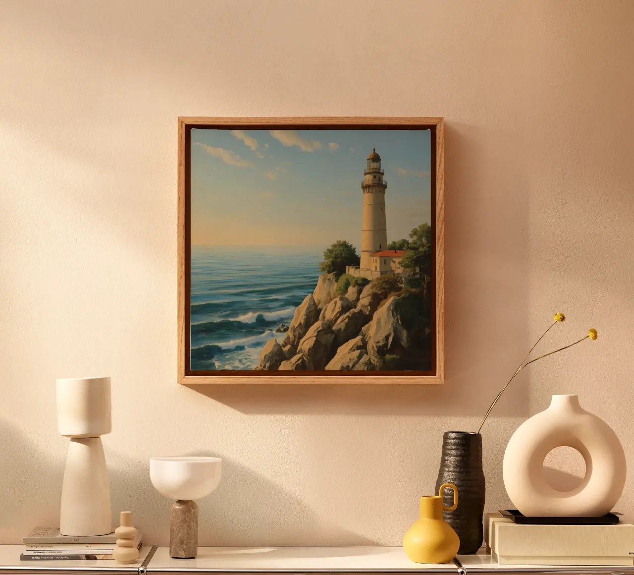Lighthouse standing tall on rocky coast at sunset with ocean canvas with Floater frame by DesignDoodle
