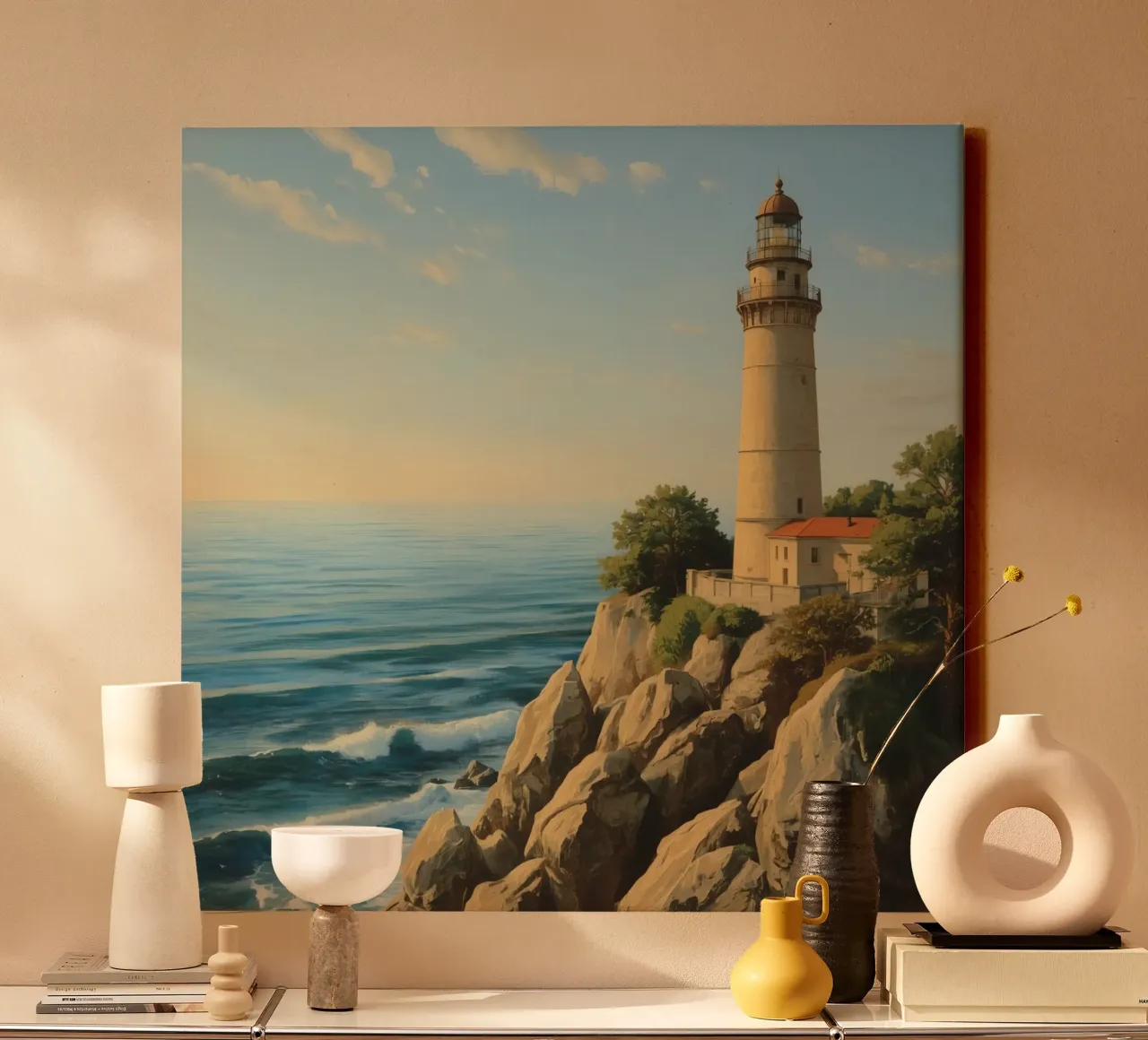 Lighthouse standing tall on rocky coast at sunset with ocean canvas with Floater frame by DesignDoodle