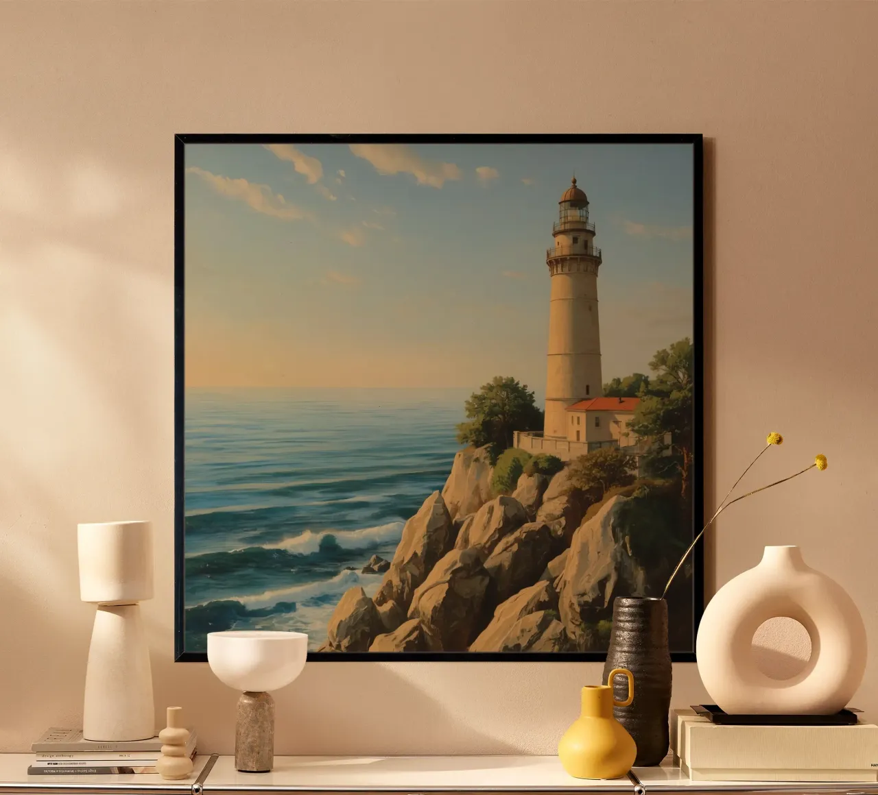 Lighthouse standing tall on rocky coast at sunset with ocean poster with wooden frame by DesignDoodle