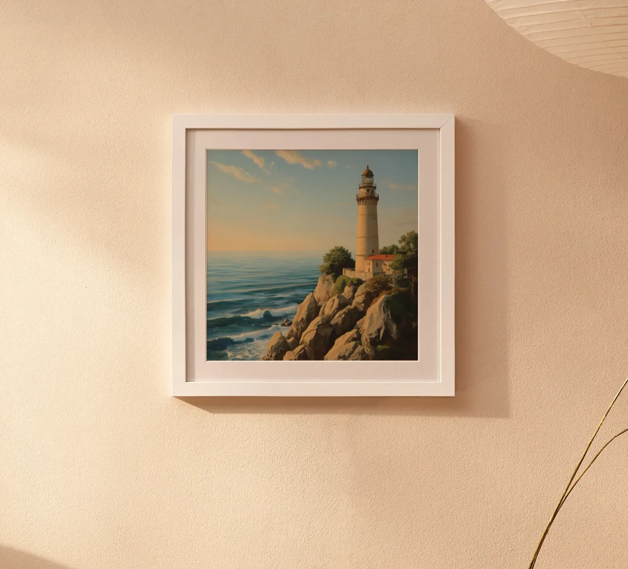 Lighthouse standing tall on rocky coast at sunset with ocean poster with wooden frame by DesignDoodle